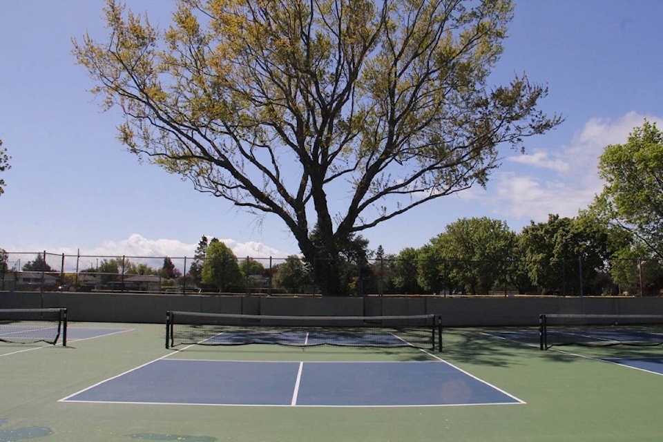 The pickleball courts at Carnarvon Park in Oak Bay, now located in the lacrosse box, will see another layer of noise mitigation. (Christine van Reeuwyk/News Staff)