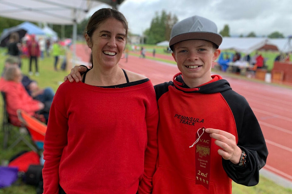 Levi Venables (right) here seen with his mother, Elizabeth Venables, who is also a coach, will represent the Peninsula Track and Field Club at the 2022 BC Games held in Prince George July 21-24. His teammate Egan Franey will join him. (Photo courtesy of the Peninsula Track and Field Club)