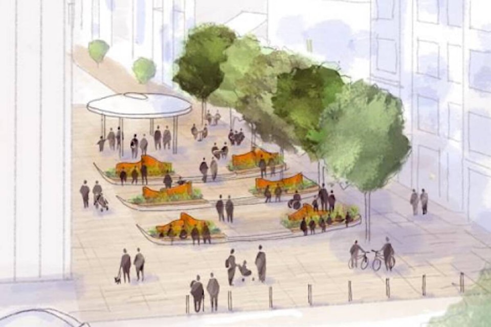 The amphitheater option for a Lekwungen cultural plaza from Humboldt to Courtney streets as envisioned in the Government Street Refresh concept. (Courtesy of City of Victoria)