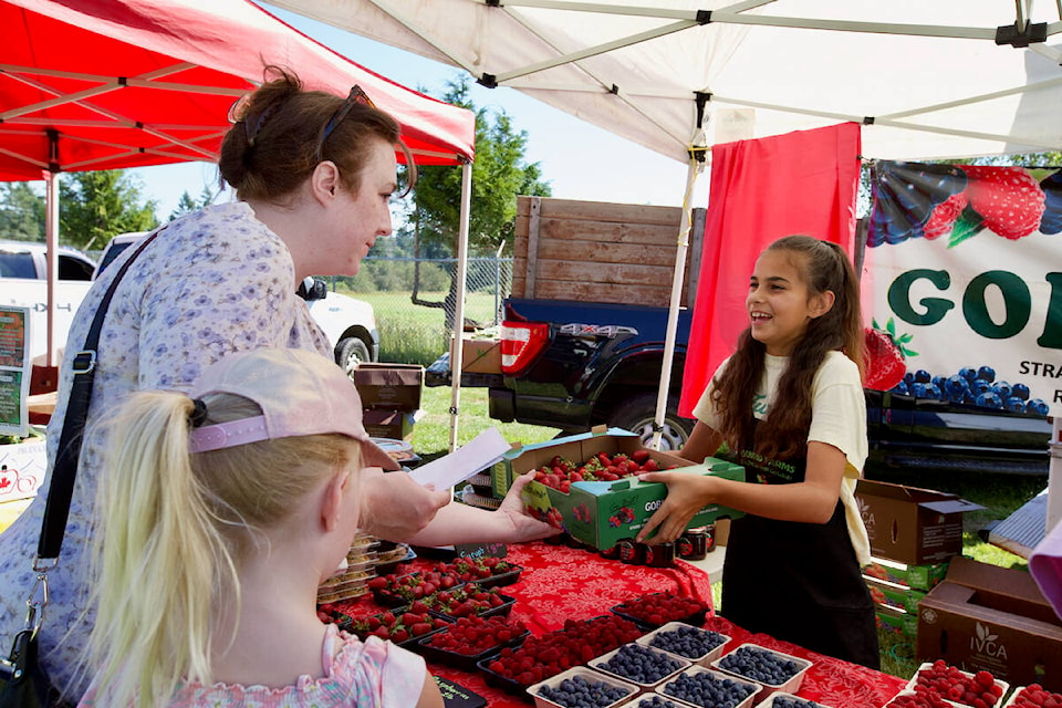 Sienna Lalari of Gobind Farms passes a box of berries to a customer Saturday at the Peninsula Country Market. (Justin Samanski-Langille/News Staff)