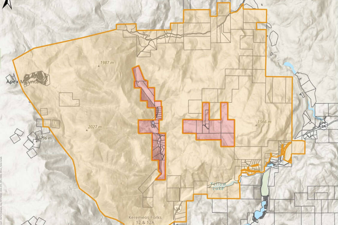 This is map showing the area under evacuation alert and orders. The entire Apex Mountain Village is under alert. (RDOS map)