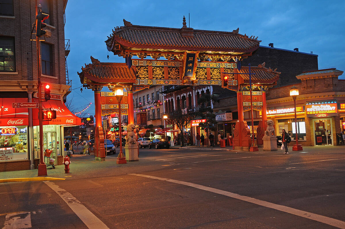 Night lights and the Gates of Harmonious Interest on Fisgard Street in Victorias Chinatown. Don Denton photo