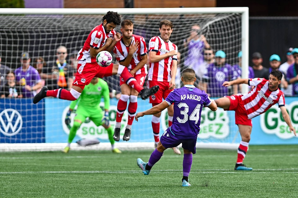Pacific FC’s Manny Aparicio fires a freekick into the wall against Atletico Ottawa on Aug. 13 at Starlight Stadium in Langford. (Simon Fearn/Black Press Media)