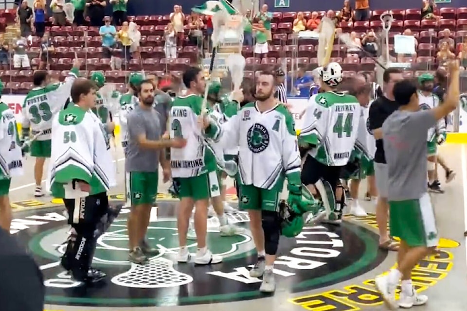 Victoria Shamrocks players salute the crowd at The Q Centre in Colwood on Sunday after being eliminated from the Western Lacrosse Association semifinals with a 15-10 loss in game 6 to the Langley Thunder. (Victoria Shamrocks/Twitter)