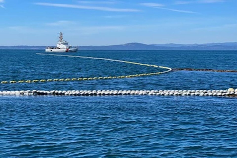 Partner response agencies have deployed about 2,100 feet of absorbent booms in the waters between Greater Victoria and San Juan Island since a fishing boat sank and leaked fuel on Aug, 13. (U.S. Coast Guard Pacific Northwest/Twitter)