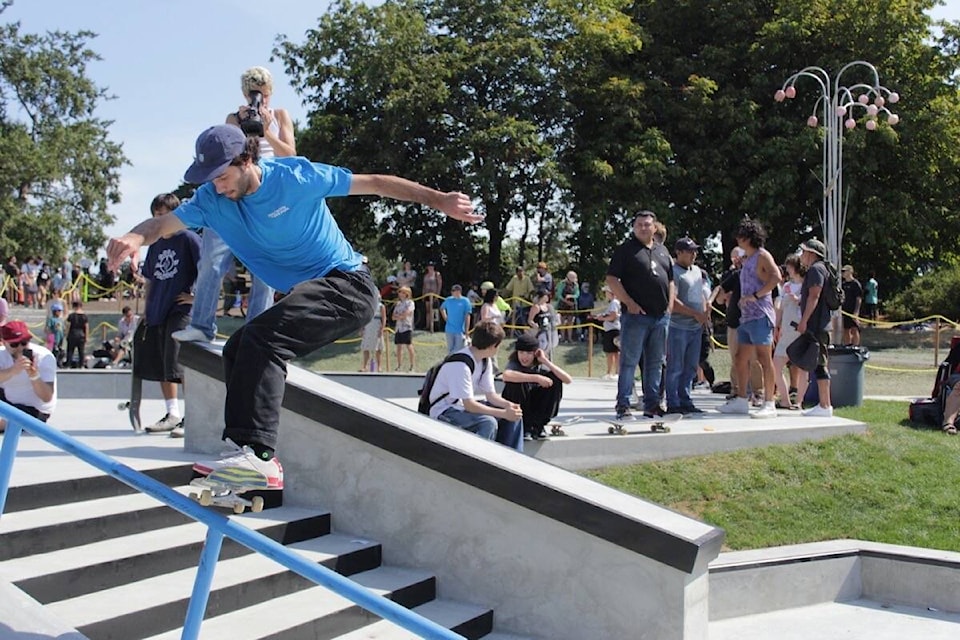 Skateboarder Francis Lemoy rides the railing in the new Topaz skate park. (Austin Westphal/News Staff)