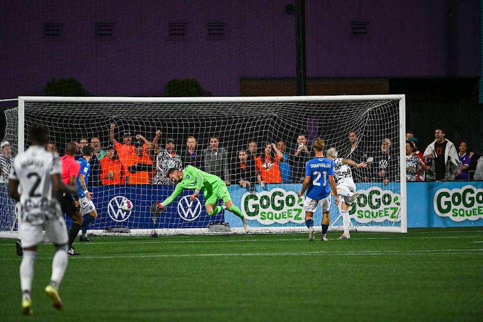 Pacific FC’s Marco Bustos scores early on against FC Edmonton at Starlight Stadium on Sept. 30. (Simon Fearn/Black Press Media)