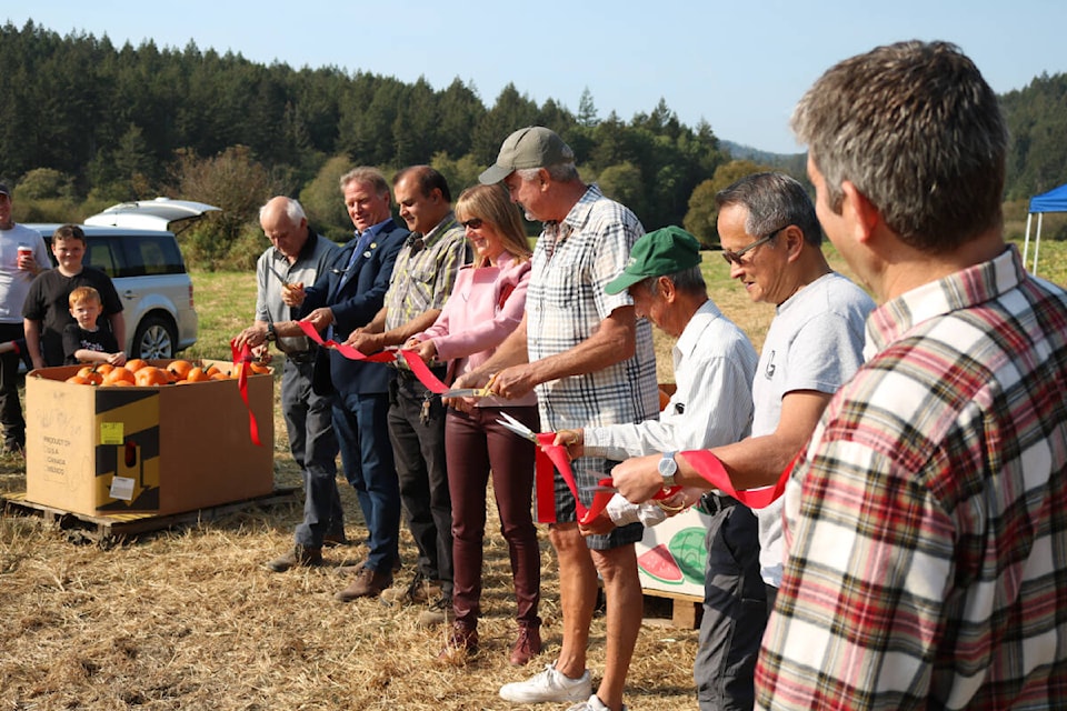 City of Langford officials and Mew Farm team members came together to celebrate the first harvest, including Satnam Dheenshaw (third from left) of Gobind Farms, Raymond Mew (second from right) and Greg Hinterberger (right). (Bailey Moreton/News Staff)