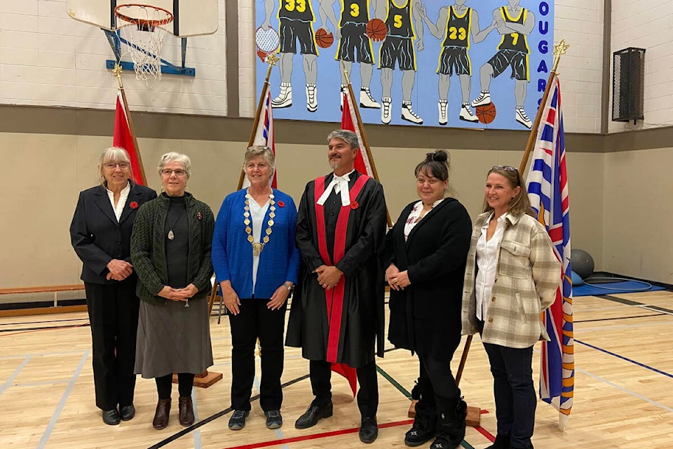 Lytton council had its first in-person gathering since the devastating 2021 fires on Wednesday, Nov. 2. The village elected the second all-female council in B.C.’s history in 2022, and faced supply challenges ahead of its inauguration ceremony. Penticton mayor Julius Bloomfield and councillor Amelia Boultbee delivered flowers, flags, and a podium to help the village coordinate an official inauguration. (Facebook- Amelia Boultbee)