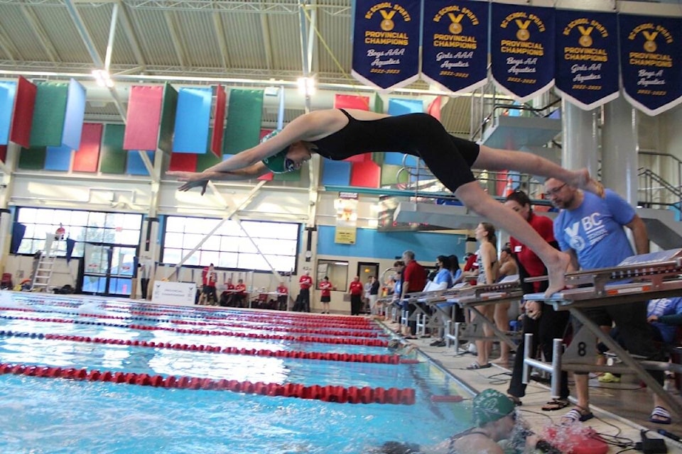 Oak Bay High swimmer McKechnie Bishop-Nicol gets off the block during provincials in Richmond on Nov. 18 and 19. (Courtesy Oak Bay High)