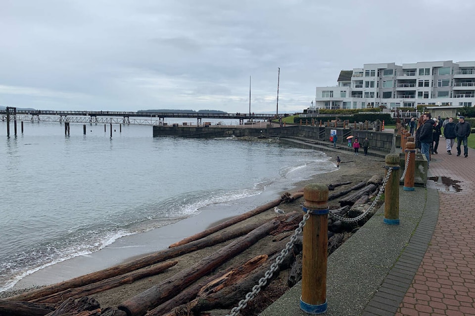 This photo, taken just before 2 p.m. Tuesday afternoon, shows Glass Beach, just off Beacon Avenue in Sidney. The region, along with other areas along the Salish Sea, has been experiencing king tides in excess of 11 feet. (Wolf Depner/News Staff)