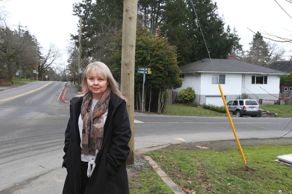 View Royal resident Sue-Anne Carter has been left feeling unsafe in her own home to the point where she can’t sleep after a string of car crashes which have barely missed her home at the corner of Burnside Road West and Eaton Avenue. (Justin Samanski-Langille/