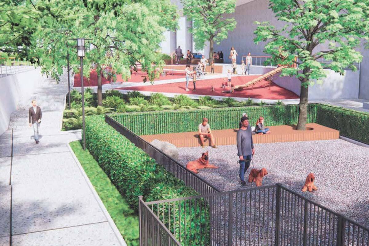 A rendering of a dog park and play area in the public park envisioned in Starlight Developments' Harris Green Village redevelopment. (Courtesy of Starlight Developments)