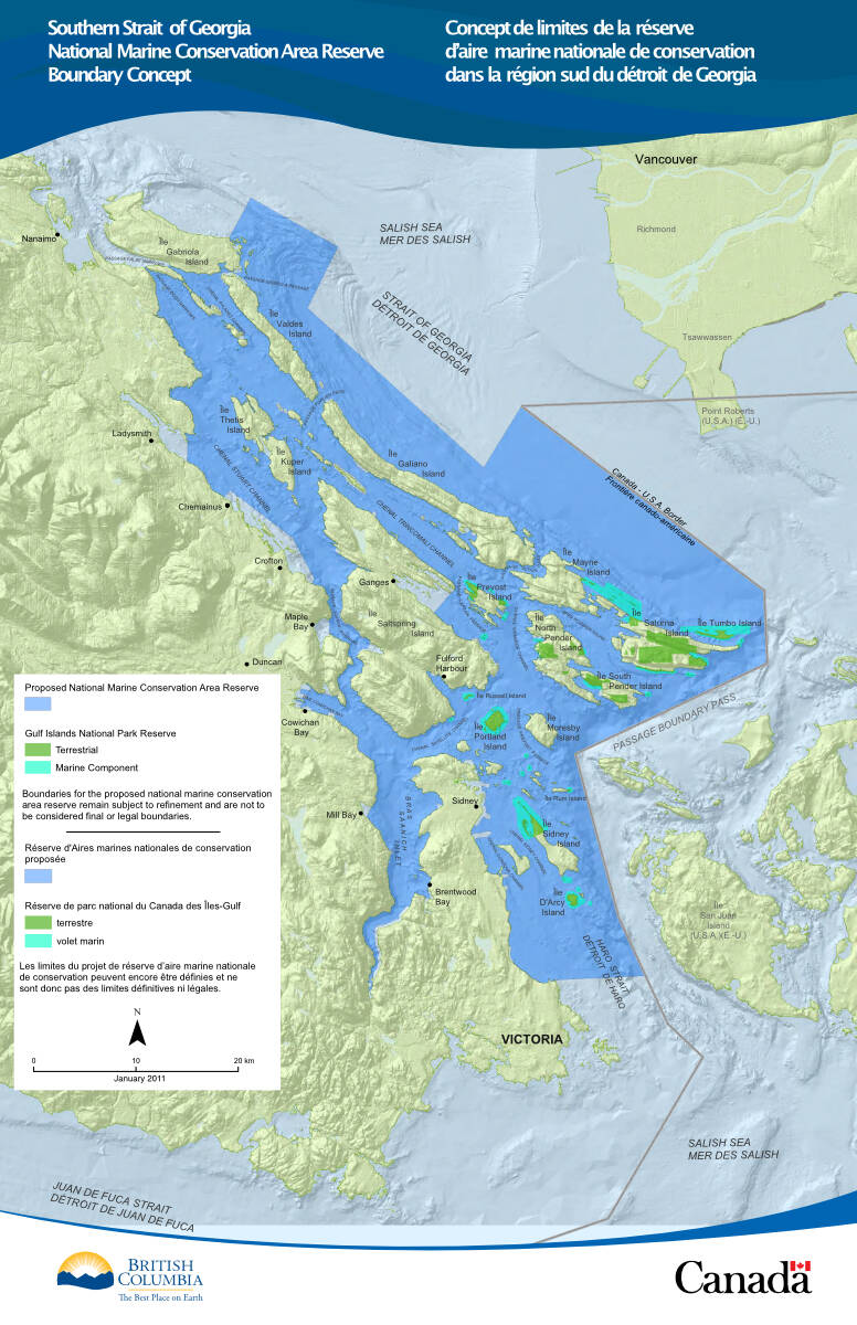 The proposed boundary of a national marine conservation area around the Gulf Islands. Cowichan-Malahat-Langford MP Alistair MacGregor put forward a private members bill to ban freighter anchorages within the same area, although Transport Canada said they werent considering a ban. (Courtesy of Parks Canada)