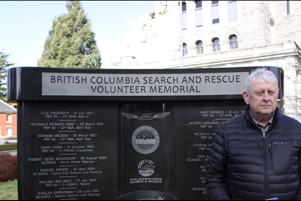 Jim McAllister helped organize the 2023 Search and Rescue Volunteer Memorial Day service on March 2 at the Search and Rescue volunteer memorial in Victoria. (Brendan Mayer/News Staff)