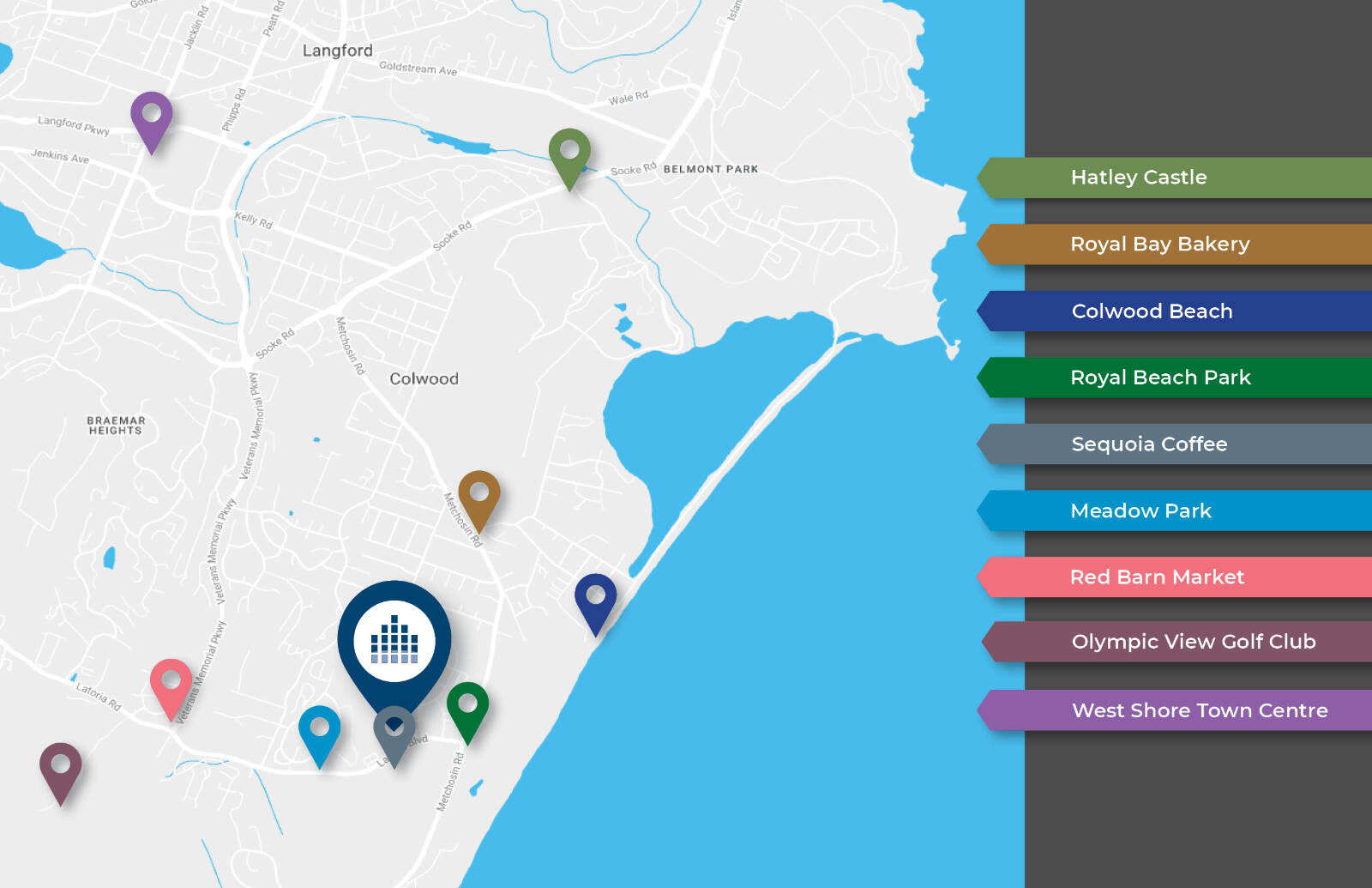 Location highlights of Monarch Apartments in Colwood.