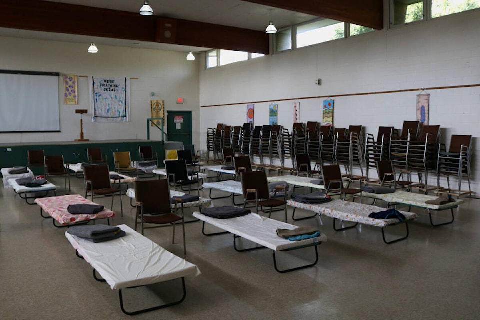 Cots were set up in the hall at Gordon United Church on Goldstream Avenue Tuesday (April 25) night. (Bailey Moreton/News Staff)