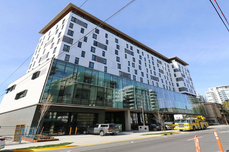 Victoria’s new downtown public safety headquarters on Johnson Street includes various emergency response elements for fire and ambulance services, while also hosting 130 housing units in the 12-storey building’s upper floors. (Courtesy of the City of Victoria)