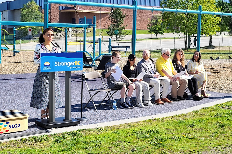 Vernon Monashee MLA Harwinder Sandhu addresses the crowd at the opening of the new accessible and inclusive playground at Vernon’s Alexis Park Elementary School Tuesday, May 16. (Roger Knox - Morning Star)