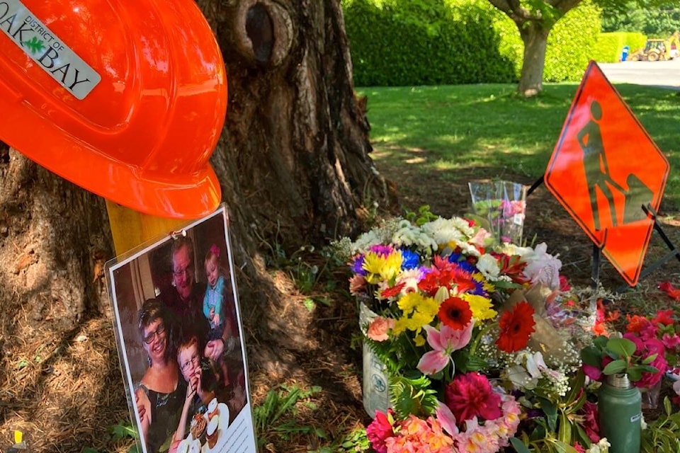The memorial on Monterey Avenue for Oak Bay public works employee Steve Seekins who was killed on the job May 17, 2023. (Christine van Reeuwyk/News Staff)