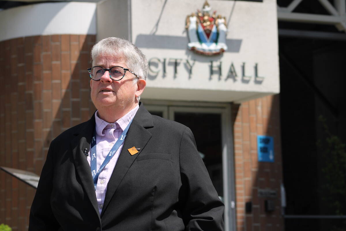 Victoria Mayor Marianne Alto said shes thrilled the city to be among the first cities to be subject to provincial housing targets while speaking outside City Hall on May 31. (Jake Romphf/News Staff)