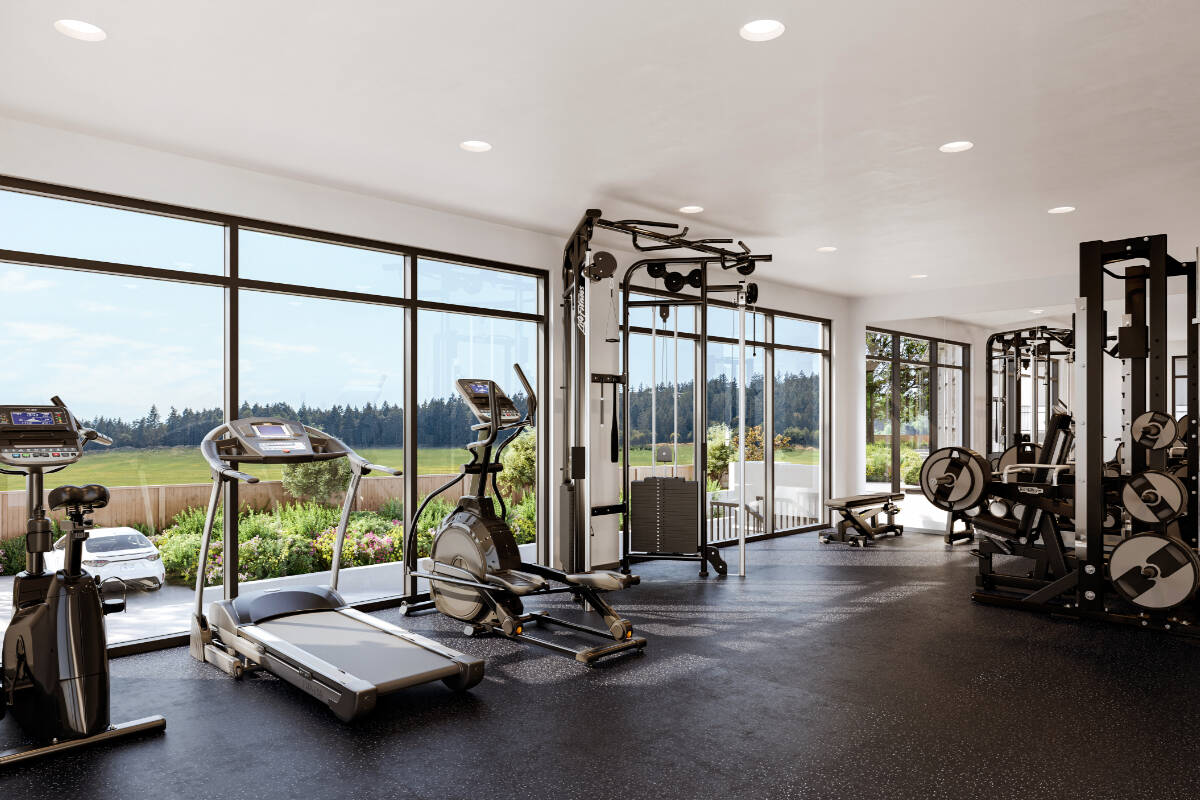 ELIZA South in Royal Bay shares fantastic residents-only features and amenities, like a rooftop patio with barbecue and fire pit, a complete fitness centre, a furnished lounge/amenity room for entertaining, and a pet-washing station.