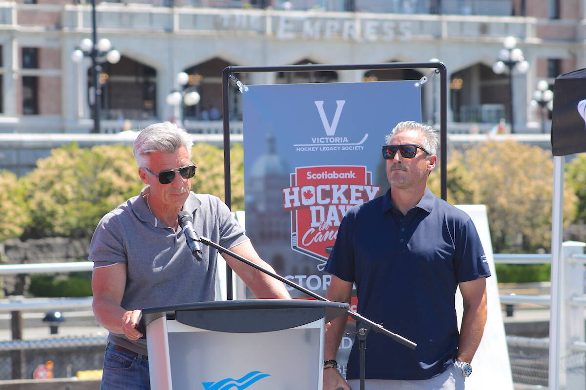 Geoff, left, and Bruce Courtnall, founders of the Courtnall Society for Mental Health, at Ship Point on June 6 for the announcement that Victoria will host Hockey Day in Canada in January 2024. (Jake Romphf/News Staff)