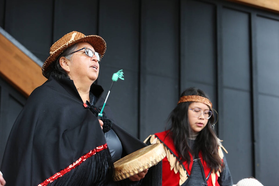 Members of the Lekwungen Drum Group perform Saturday, June 10, during the second Change-Makers Gathering Festival at Starlight Stadium in Langford. (Justin Samanski-Langille/News Staff)