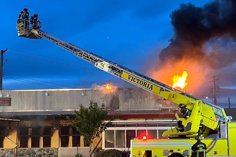 Fire crews battle a restaurant fire in the 2900-block of Douglas Street early Friday (June 16) morning. (Christine van Reeuwyk/News Staff)