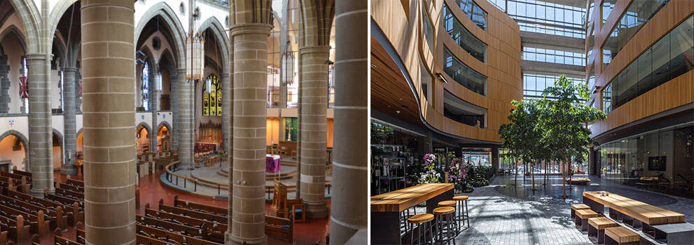 Lorraine Min and the Victoria Symphony bring Chopin and Mendelssohn to the exquisite Christ Church Cathedral (left) and The Atrium on Yates (right) sets the scene for the popular Mozart and Martinis event.