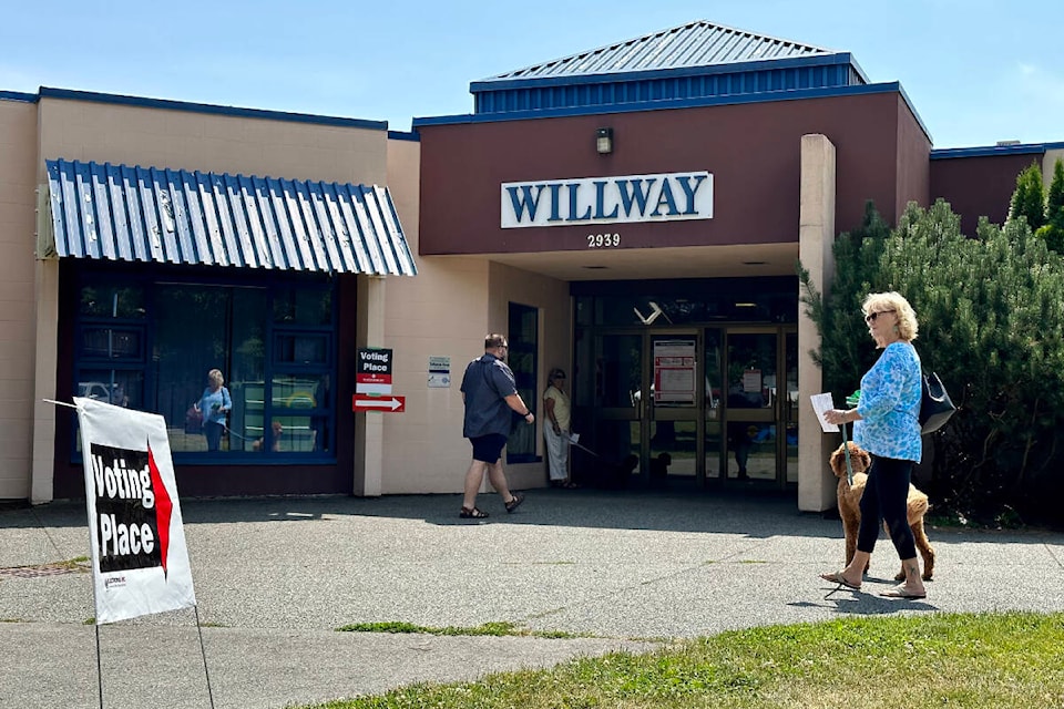 A steady stream of voters flowed into Willway Elementary School Saturday, June 24, as Langford-Juan de Fuca residents cast their votes in a provincial byelection. (Justin Samanski-Langille/News Staff)