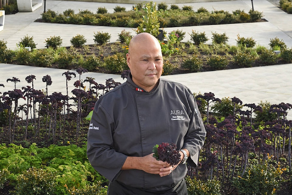 Executive chef Ken Nakano from Aura restaurant and the Inn at Laurel Point in the herbs and greens garden outside the hotel. (Don Denton photo)
