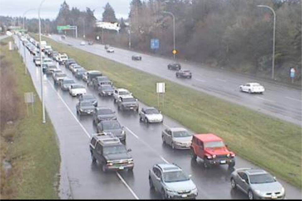 Highway 1 is currently backed up due to a vehicle incident near View Royal.