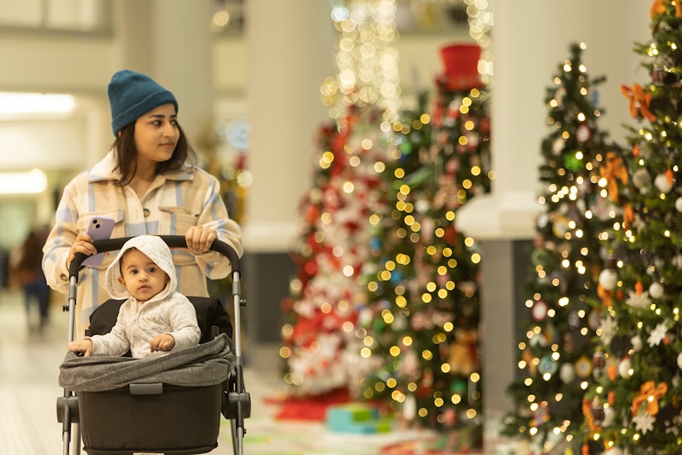 Tahneet Jafri pushes her eight-month-old son Hamza Mohamad past the Festival of Trees Victoria. The event raised $145,000 for the BC Children’s Hospital Foundation.
