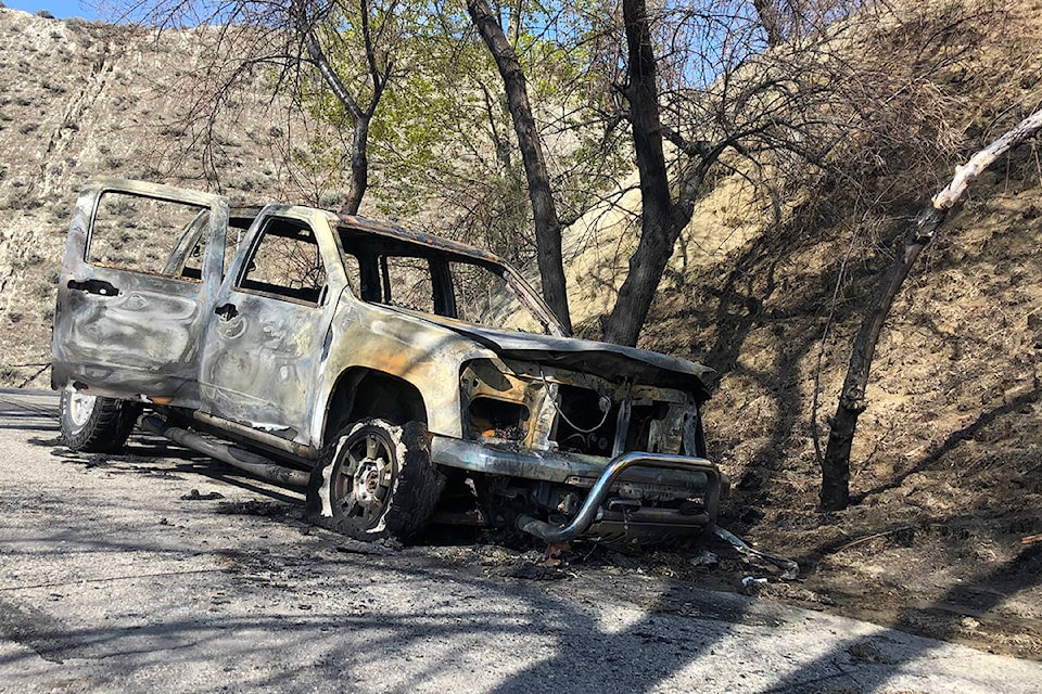 This is what’s left of a truck that caught fire at Pyramid Provincial Park off Highway 97 near Summerland Saturday night. (Monique Tamminga Western News)