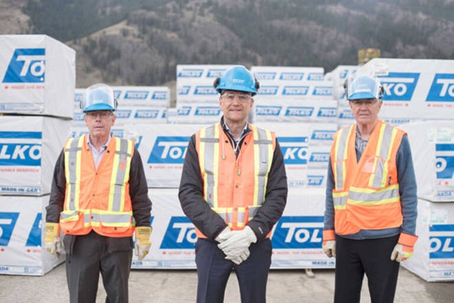 John (from left), Brad and Al Thorlakson of Vernon-based Tolko Industries gather at the Lavington Planer Mill where it all began for the company 65 years ago in 1956. (tolko.com)