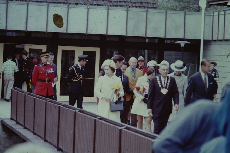 Queen Elizabeth II leaves the Vernon Recreation Centre on a 1971 visit with Prince Phillip (right). (Don Lewis photo)