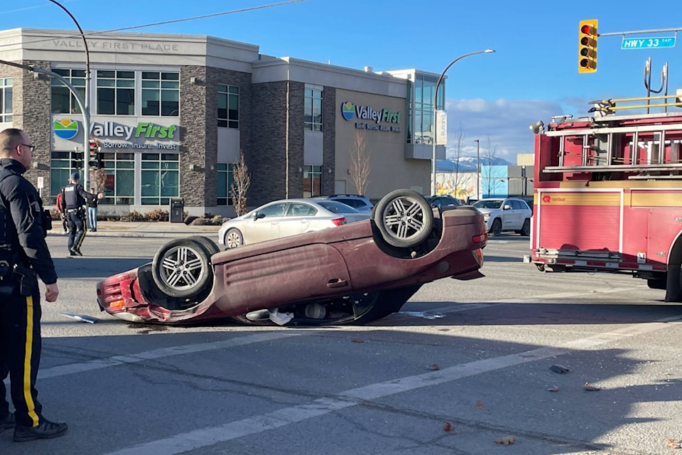 A car rolled over at the intersection between Highway 33 and Rutland Road South in Rutland, Jan. 28.(Jordy Cunningham/Kelowna Capital News)