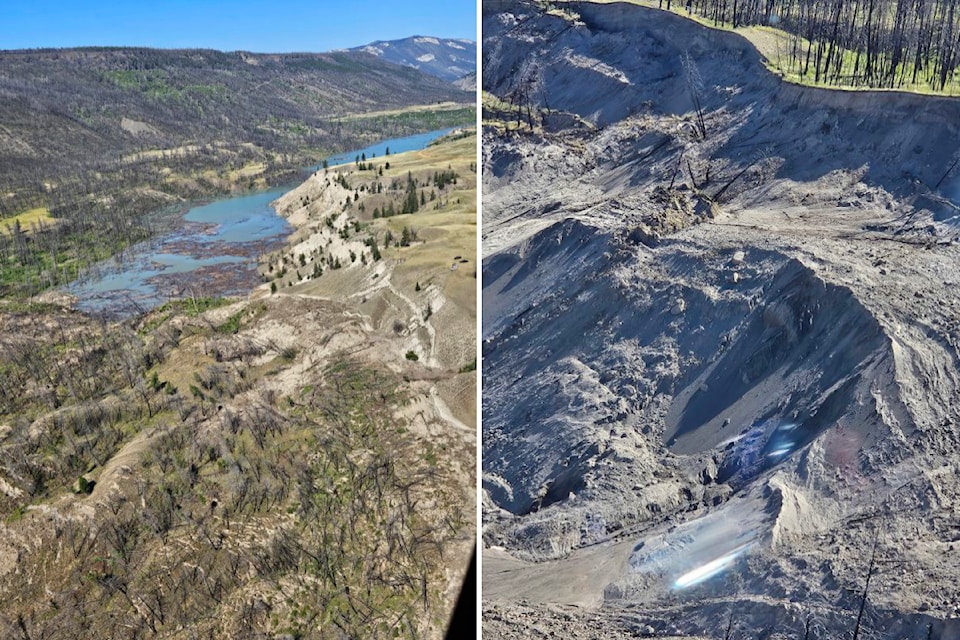 Aerial photos show the landslide along the Chilcotin River. The blockage is estimated at 600 metres long and 30 metres deep.