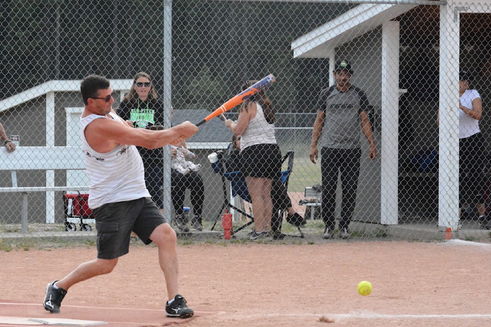 Rod Peever of the Hellraisers hits the ball Sunday, Aug. 18 during the Williams Lake Slo-pitch League year-end tournament. 