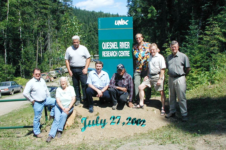 Some of the original organizers who helped establish what is today known as the UNBC Dr. Max Blouw Quesnel River Research Centre. Dan Lousier (UNBC), Doug Watt, Likely and District Chamber of Commerce, Lucy Robinson (QRES Likely), Gary Dukemon (QRES Cariboo Tribal Council), Gary McBride (QRES Williams Lake), Ralph Phillips (QRES Soda Creek Band), Brian LaPointe (QRES, Likely), Keith Ulrich (QRES WL), Dr. Max Blouw (UNBC).