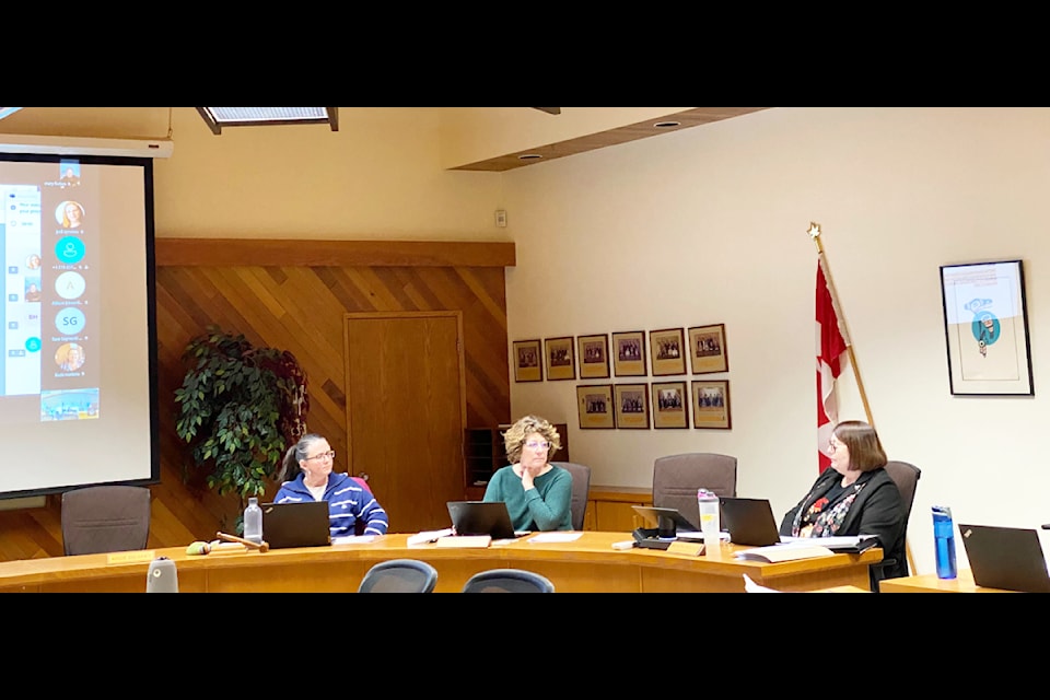 Cariboo Chilcotin School District Secretary-Treasurer Brenda Hooker (right) presents the by-election process to the board of education at its Dec. 16 regular public meeting. The district's supt. Cheryl Lenardon sits to Hooker's left, along with the board's chair Angie Delainey. 
