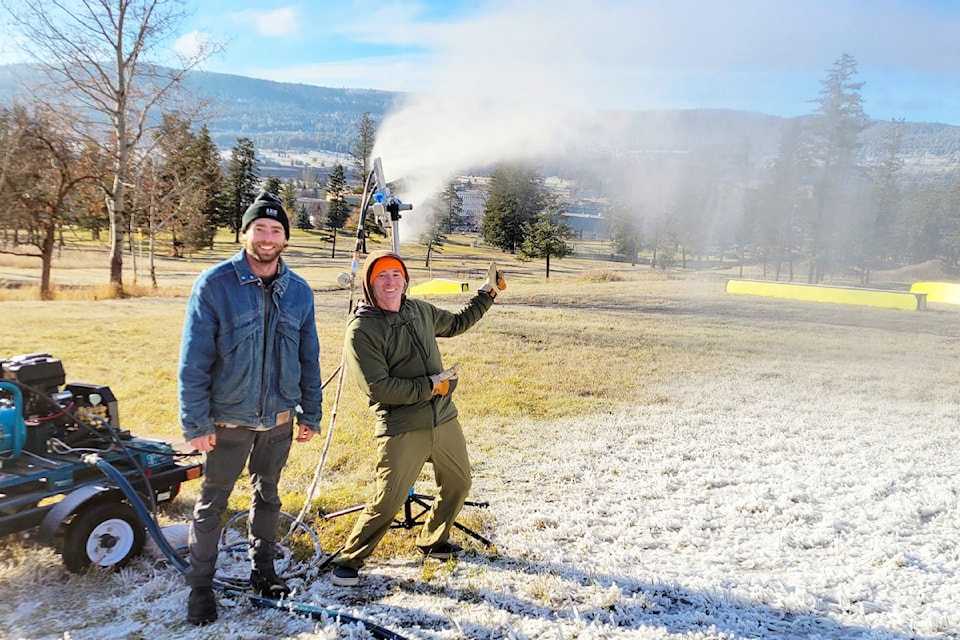 Riley Donahue, left, and Mark Savard, are excited about the opportunities new snowmaking equipment could provide in Boitanio Park.