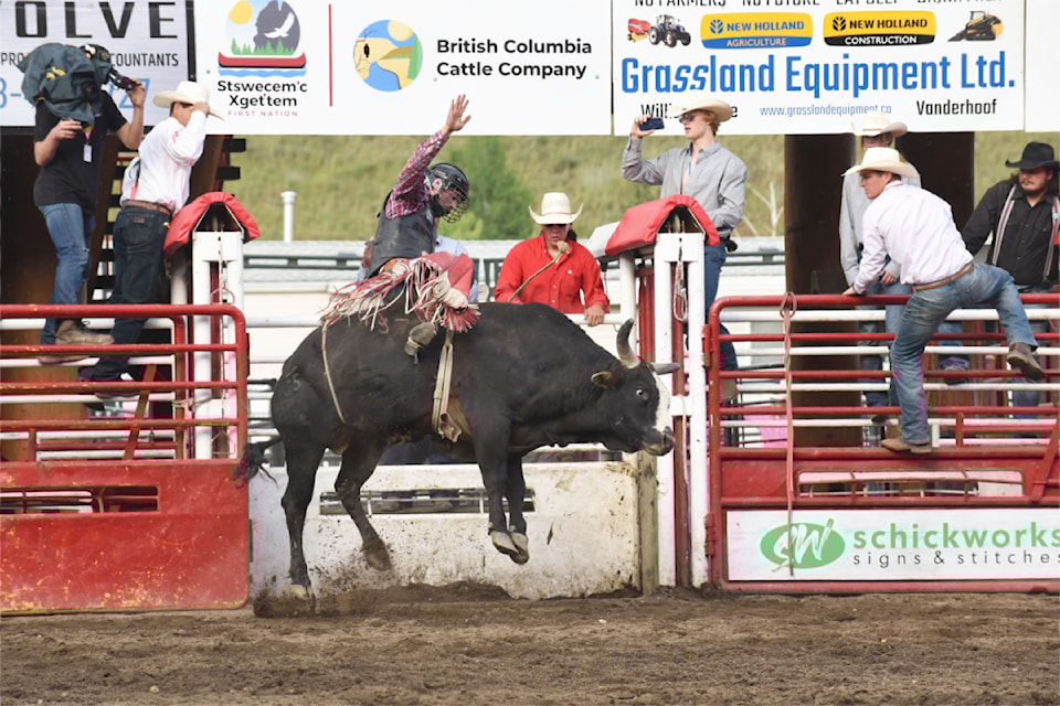 Lonnie Phillips of Elko, B.C. had the highest scoring bull ride on day 3 of the 96th Annual Williams Lake Stampede Sunday, June 30 performance.