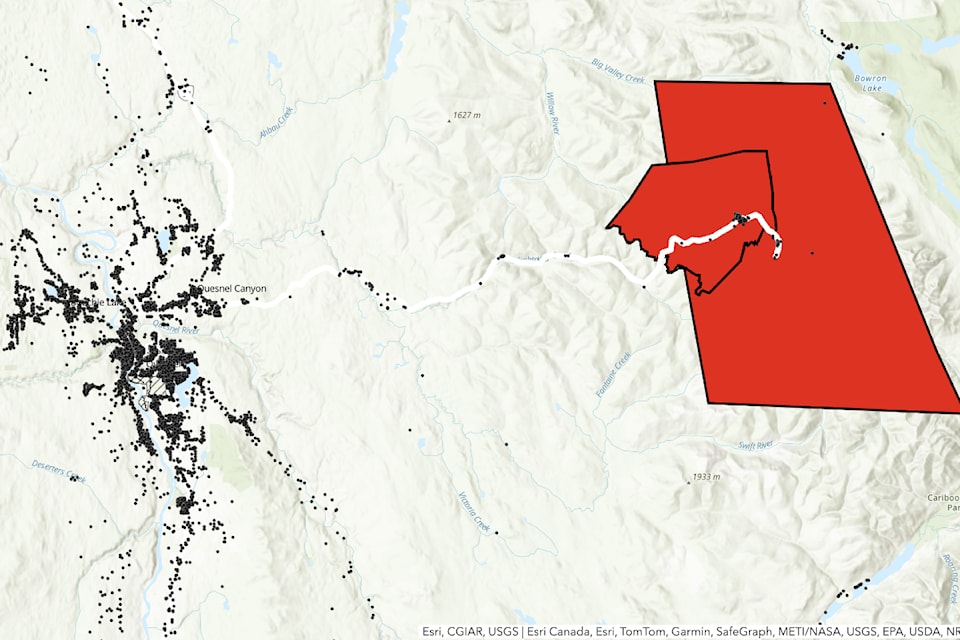 A map of the areas under evacuation order due to the Antler Creek Wildfire, including Wells and Barkerville.