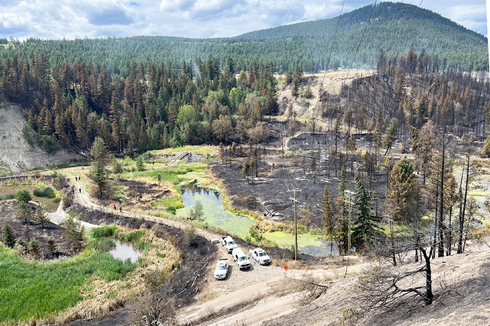 Crews make their way back to vehicles as they continue to extinguish hot spots within the Williams Lake River Valley on July 23.