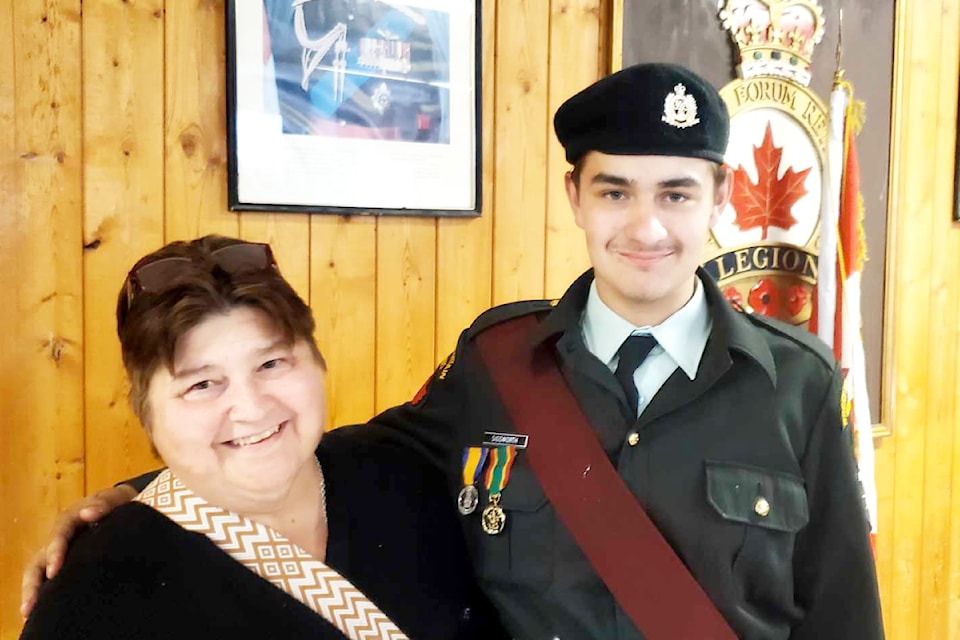 Melody Sigsworth, left, is proud of her son WO Preston Sigsworth, 17, who received the Legion Medal of Excellence and the volunteer award at a cadet ceremony in Williams Lake Wednesday, May 29, 2024. 