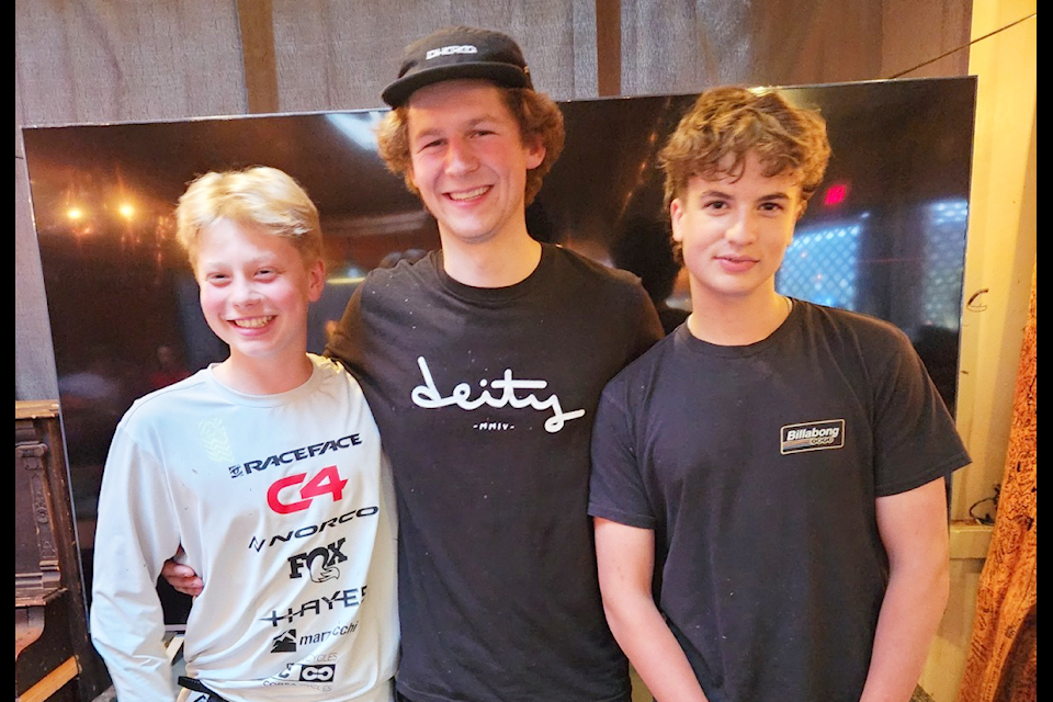 Rhys Vath, from left, Wilsom Thompson, and Grady Watson were the three fastest riders in the June 6 Sunset Series mountain bike race on Fox Mountain in Williams Lake. (Dena Baumann photo)
