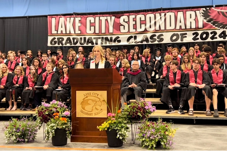 Valedictorian Kalli Campbell gives her speech during the LCSS commencement ceremony Friday, June 7 in Williams Lake.