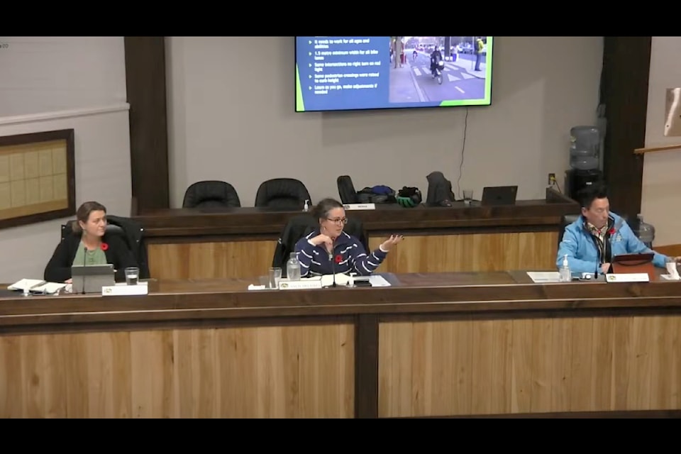 Coun. Angie Delainey (centre) recommended staff look for active transportation funding opportunities to pair with road and utility projects. To Delainey's left is Coun. Joan Flaspohler and her right is Coun. Scott Nelson.